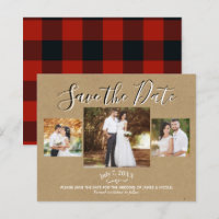 Rustic Red Kraft Buffalo Plaid Photo Save the Date