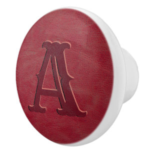 Rustic Red Leather Texture Monogram Initial Ceramic Knob