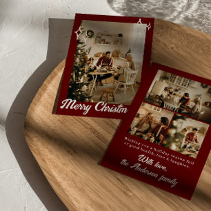 Rustic Red Maroon Photos Merry Family Christmas Holiday Card