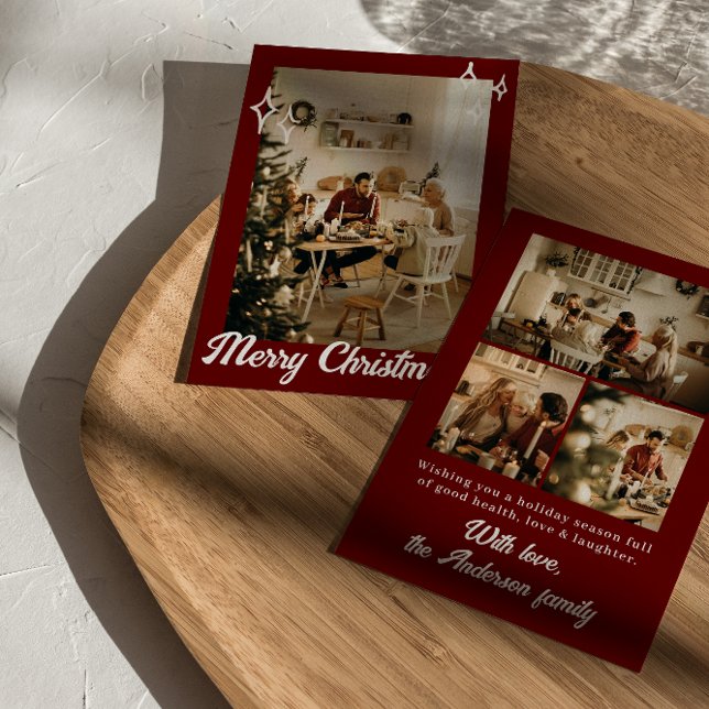 Rustic Red Maroon Photos Merry Family Christmas Holiday Card (Creator Uploaded)