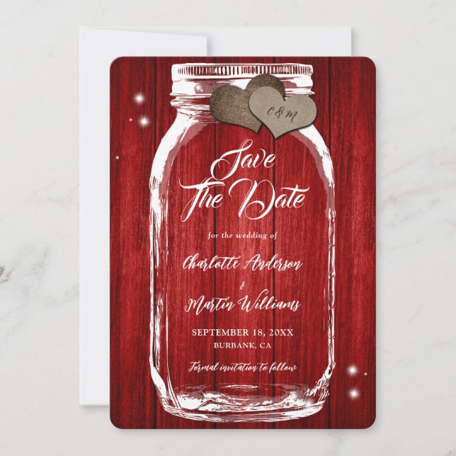 Rustic Red Mason Jar Burlap Heats Wood Wedding Save The Date (Front)