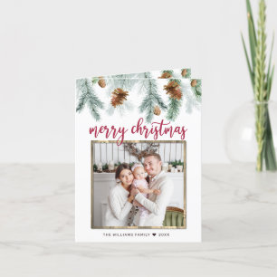 Rustic Red Merry Christmas Pine Cones Photo Holiday Card