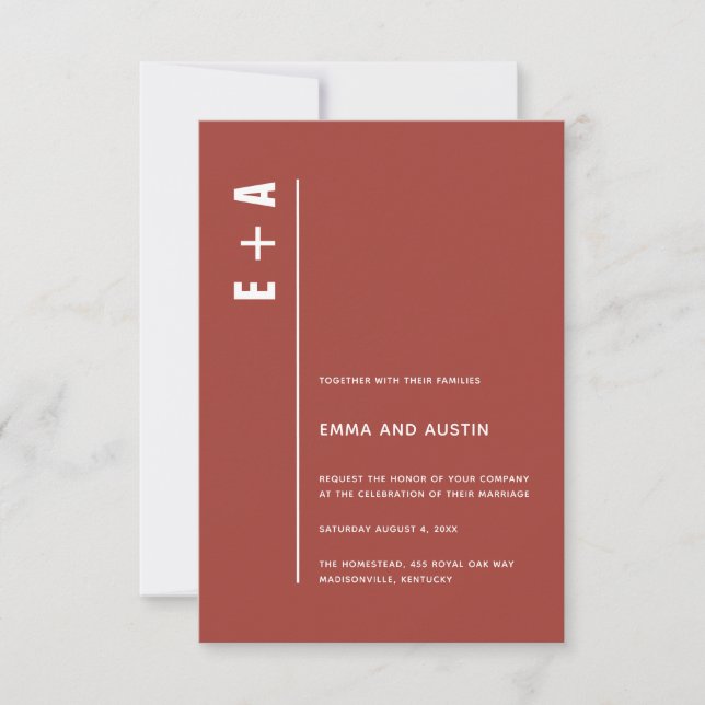 Rustic Red Modern Minimal Bold Initials Wedding Invitation (Front)