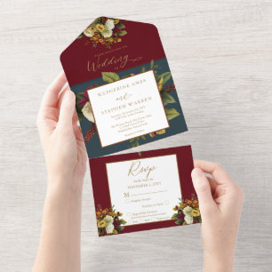 Rustic Red   Orange Floral Bouquet Teal Wedding Al All In One Invitation