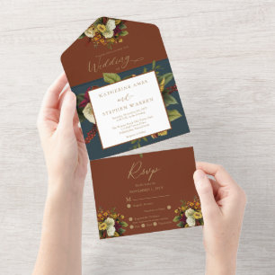 Rustic Red Orange Floral Bouquet Teal Wedding All In One Invitation
