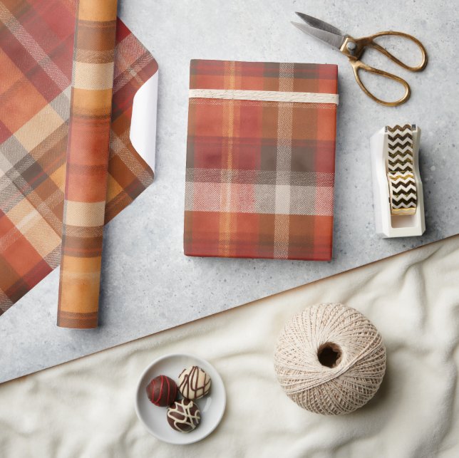 Rustic Red Orange Harvest Earth Plaid Pattern Wrapping Paper (Crafts)