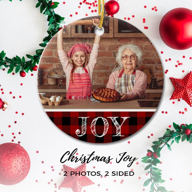 Rustic Red Photo Christmas Joy Buffalo Plaid Ceramic Ornament (Creator Uploaded)