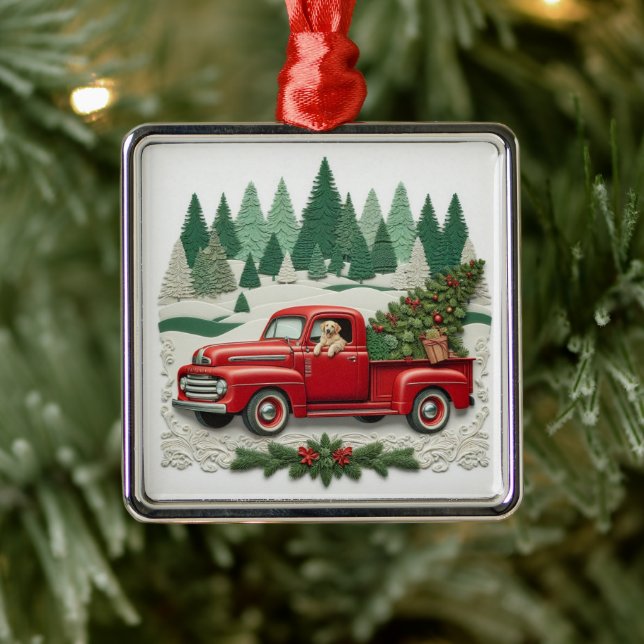 Rustic Red Pickup Truck Christmas Tree  Metal Ornament (Tree)