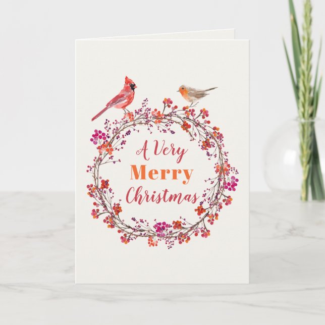 Rustic red pink and orange holly Christmas wreath Holiday Card (Front)