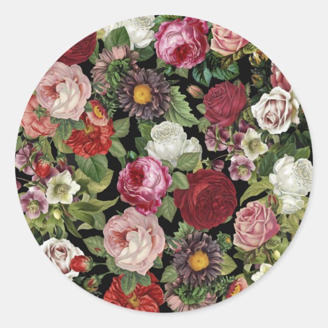 Rustic Red Pink Floral Greenery Black Classic Round Sticker (Front)