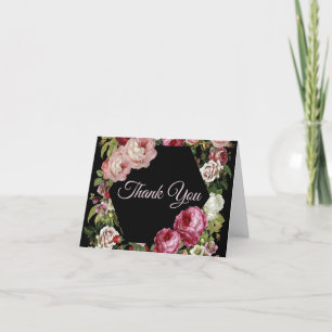 Rustic Red Pink Floral Greenery Black Thank You Card