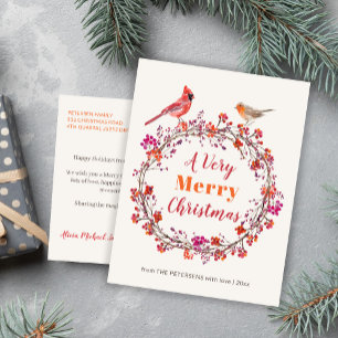 Rustic red pink orange holly Christmas wreath Holiday Postcard