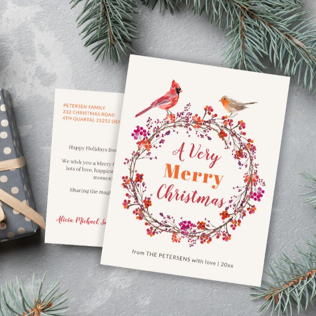 Rustic red pink orange holly Christmas wreath Holiday Postcard (Creator Uploaded)