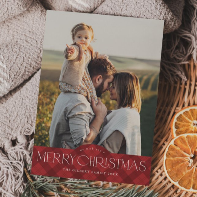 Rustic Red Plaid 2 Photo Merry Christmas Holiday Card (Rustic red plaid portrait 2 photo christmas cards.)