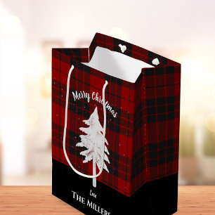 Rustic Red Plaid Add Name Merry Christmas Favour Medium Gift Bag