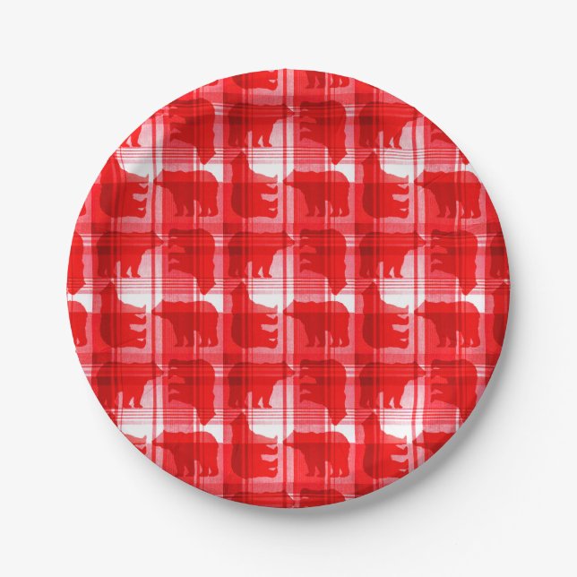 Rustic red plaid bears paper plates (Front)