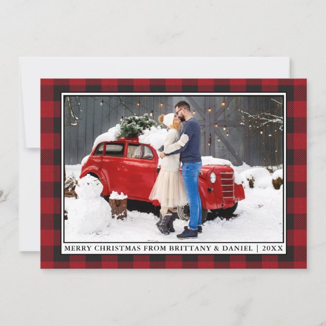 Rustic Red Plaid Christmas Framed Couple Photo Holiday Card (Front)