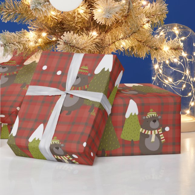 Rustic Red Plaid Christmas Tree and Bear Gift Wrapping Paper (Holidays)