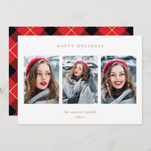 Rustic Red Plaid Faux Gold Three Photo Christmas Holiday Card