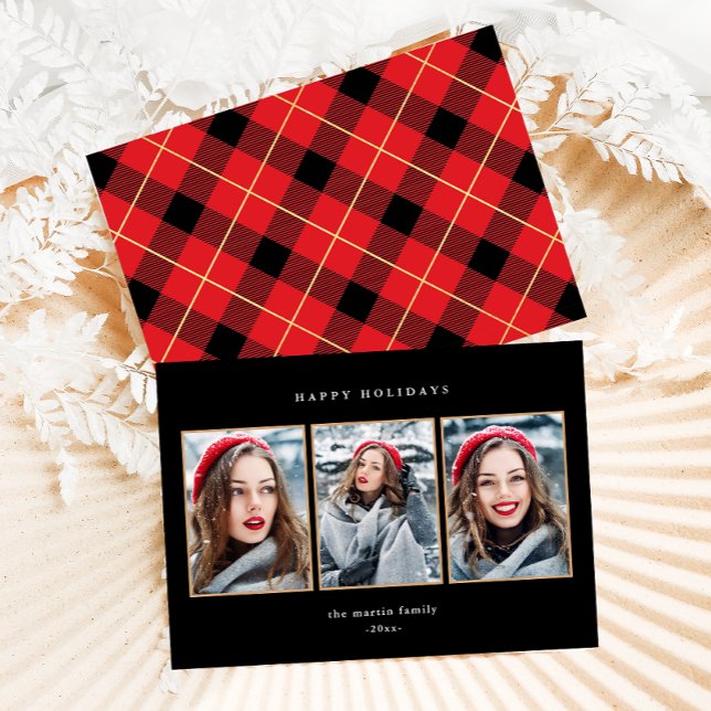 Rustic Red Plaid Faux Gold Three Photo Christmas Holiday Card (Creator Uploaded)