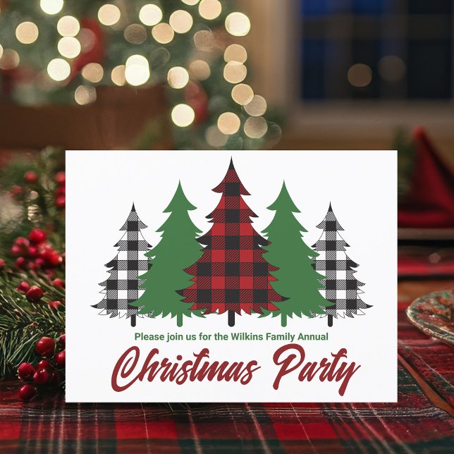Rustic Red Plaid Green Trees Christmas Party Invitation Postcard (Creator Uploaded)