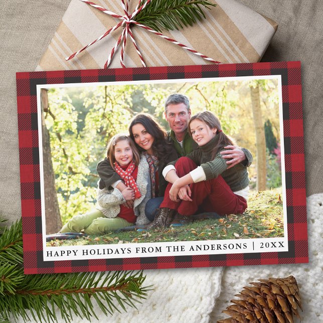 Rustic Red Plaid Happy Holidays Family Photo Holiday Card (Customize text size or text style.)