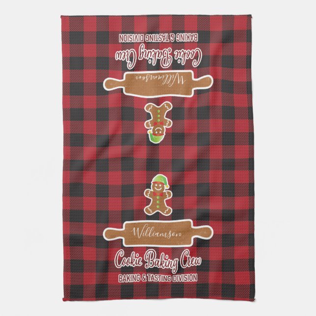 Rustic Red Plaid Holiday Baking Monogrammed Tea Towel (Vertical)