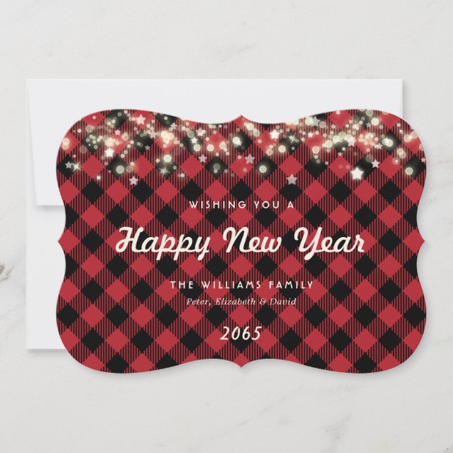 Rustic Red Plaid Lights Stars New Year Card (Front)