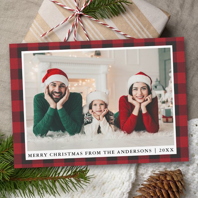 Rustic Red Plaid Merry Christmas Family Photo Holiday Card (Customize text size or text style.)