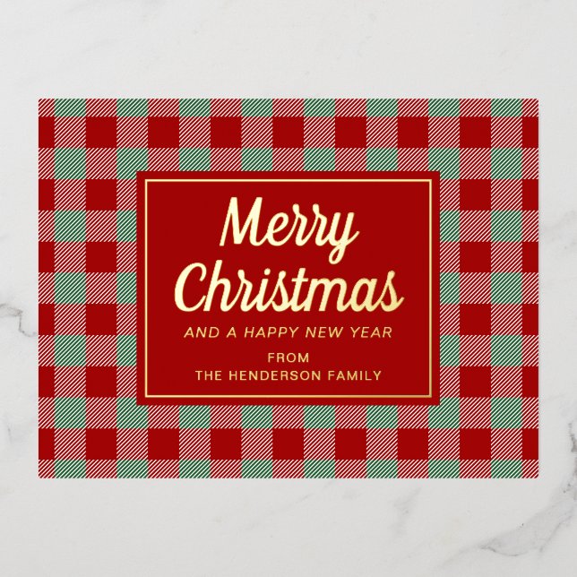 Rustic Red Plaid Merry Christmas Gold Foil Holiday Postcard (Front)