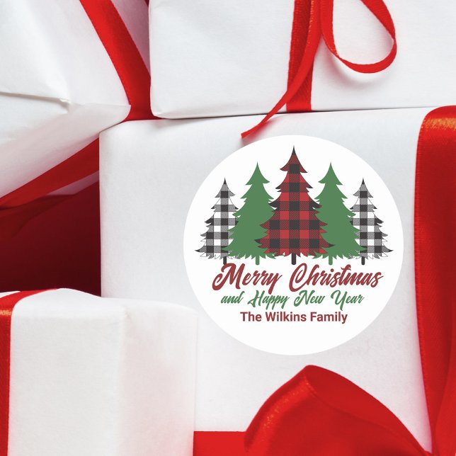 Rustic Red Plaid Merry Christmas Happy New Year Classic Round Sticker (Creator Uploaded)