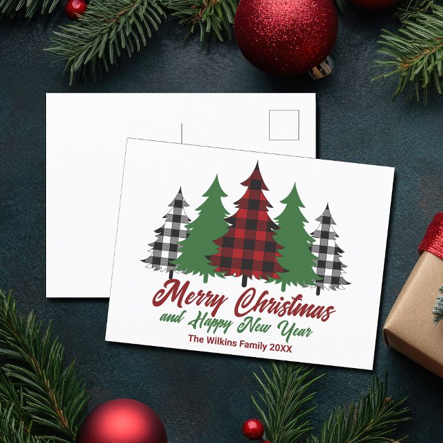 Rustic Red Plaid Merry Christmas Happy New Year Holiday Postcard (Creator Uploaded)