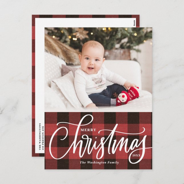 Rustic Red Plaid Merry Christmas Photo Holiday Postcard (Front/Back)