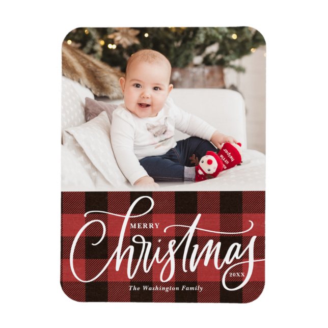Rustic Red Plaid Merry Christmas Photo Magnet (Vertical)