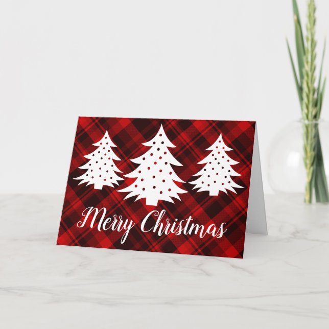 Rustic Red Plaid Merry Christmas Trees Blank Holiday Card (Front)