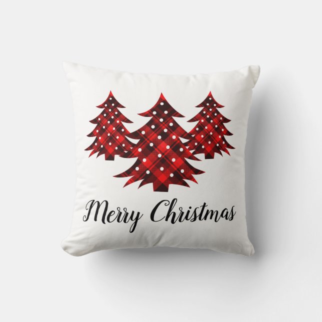Rustic Red Plaid Merry Christmas Trees Cushion (Front)