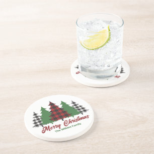Rustic Red Plaid Merry Christmas Trees Custom Coaster