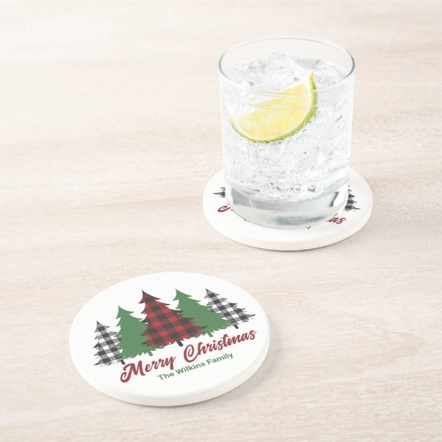 Rustic Red Plaid Merry Christmas Trees Custom Coaster (Side)