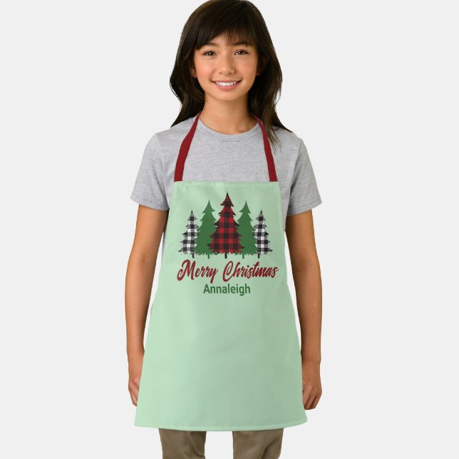 Rustic Red Plaid Merry Christmas Trees Custom Kids Apron (Insitu)