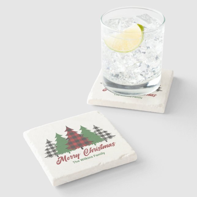Rustic Red Plaid Merry Christmas Trees Custom Stone Coaster (Side)