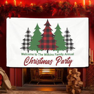 Rustic Red Plaid Merry Christmas Trees Party Banner