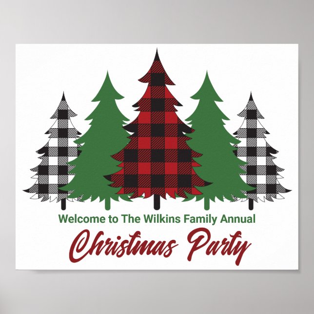 Rustic Red Plaid Merry Christmas Trees Party Poster (Front)