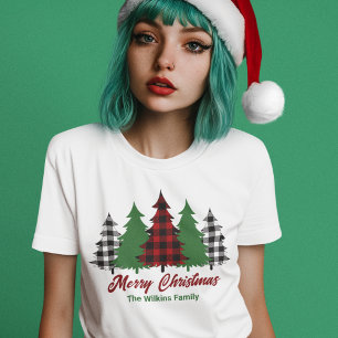 Rustic Red Plaid Merry Christmas Trees Women's Tri-Blend Shirt