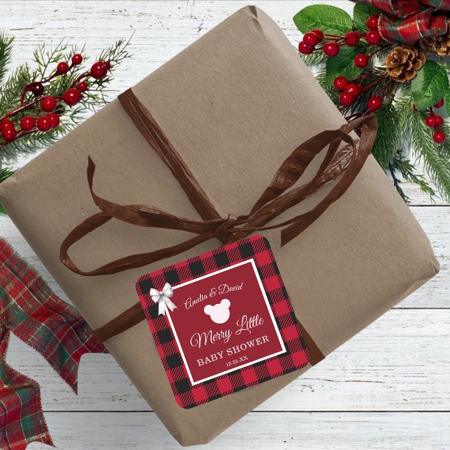 Rustic Red Plaid Merry Little Baby Shower Square Sticker (Creator Uploaded)
