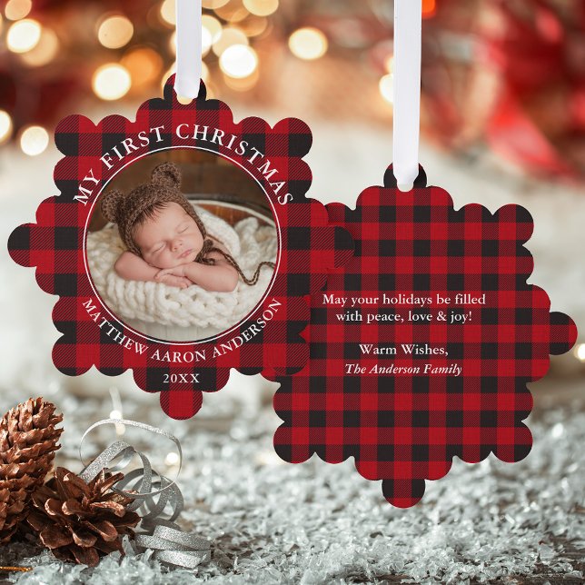 Rustic Red Plaid My First Christmas Photo Tree Decoration Card (A greeting card that is also an ornament! Customize with your photo and personalized text.)