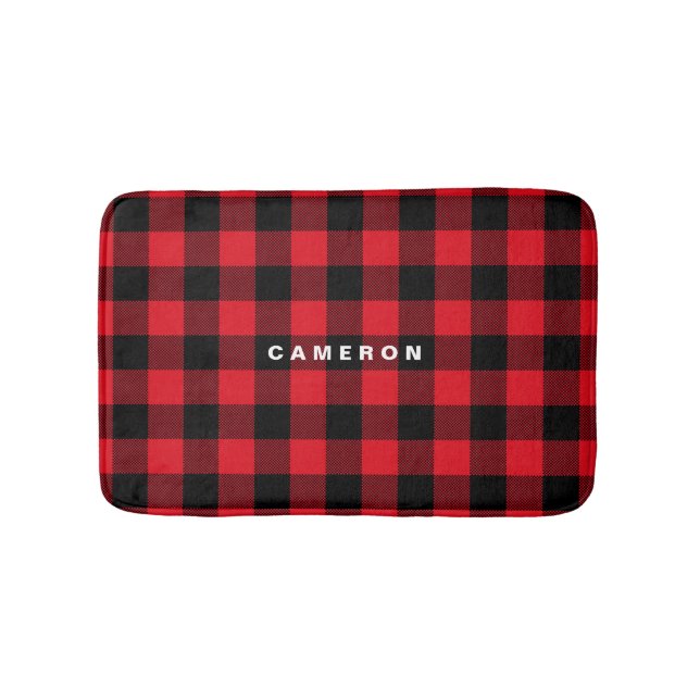 Rustic Red Plaid Pattern Holiday Personalised Bath Mat (Front)
