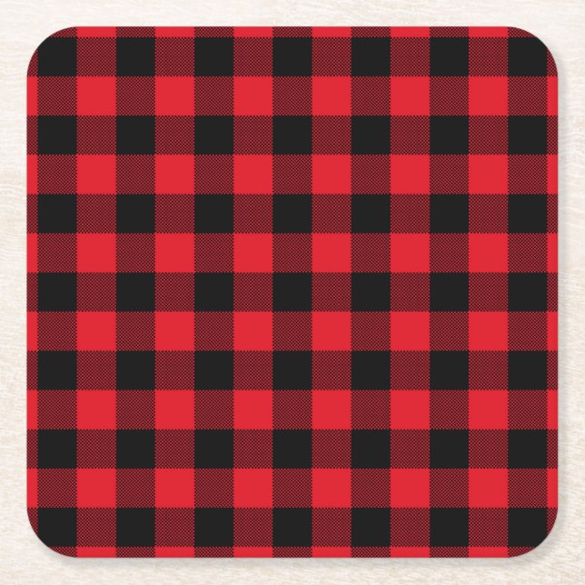 Rustic Red Plaid Pattern Holiday Square Paper Coaster (Front)
