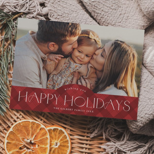 Rustic Red Plaid Photo Holiday Postcard (Rustic red plaid photo holiday postcard.)