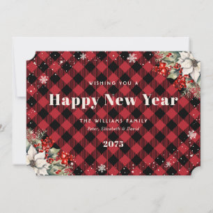 Rustic Red Plaid Snowflake Botanical New Year Card