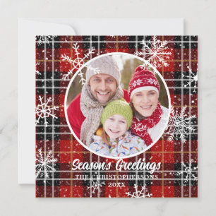 Rustic Red Plaid Snowflakes Custom Greeting Holiday Card
